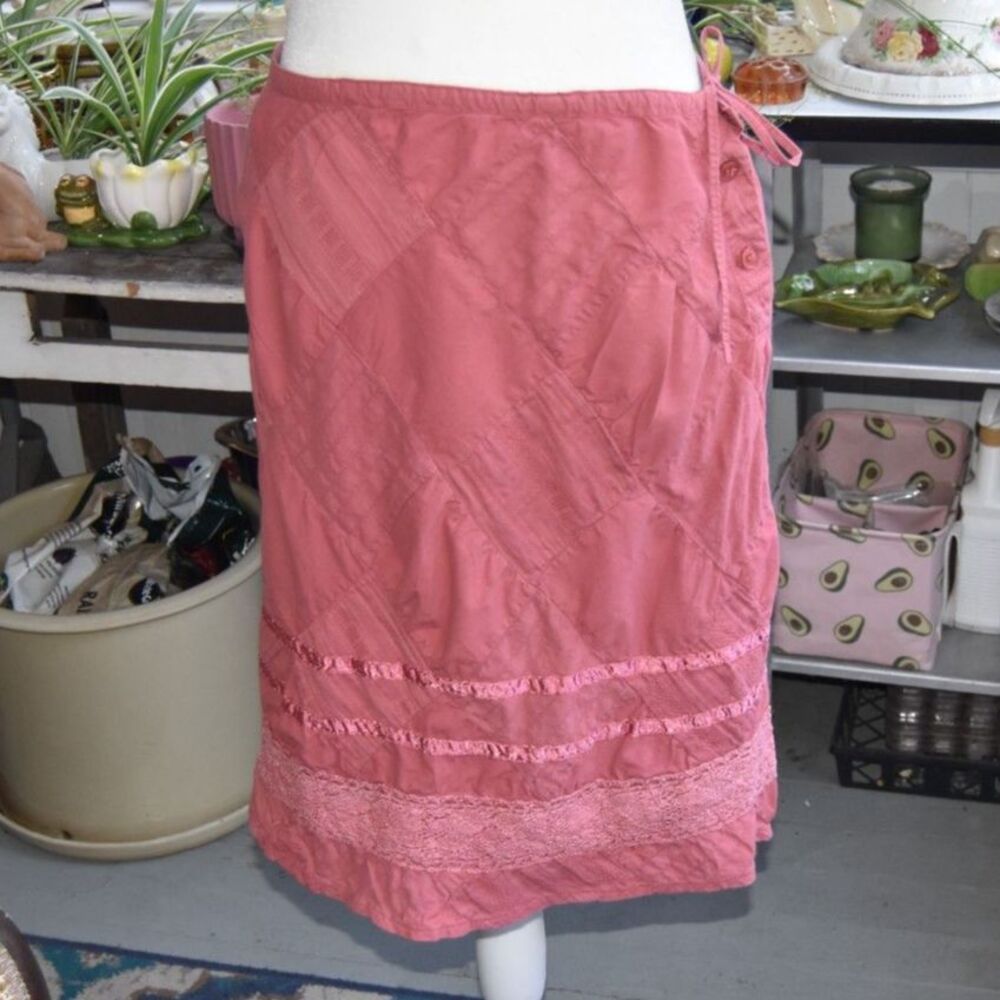 Funky People Y2K Pink Cotton Midi Skirt L Boho Lace Patchwork Drawstring